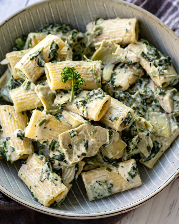 Spinach Artichoke Pasta Bake with Cashew Cream Sauce