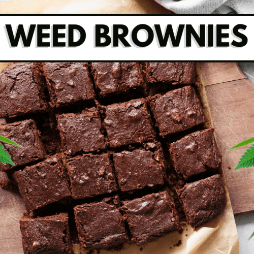 cannabis infused brownie on a wooden cutting board blog header graphic