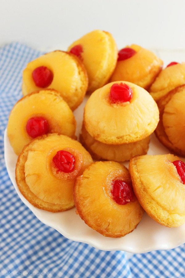 Mini Pineapple Upside Down Cakes – Made skinny! Easy mini pineapple upside down cakes with butter, brown sugar, and a cherry on top... and only 184 calories each! | thecomfortofcooking.com