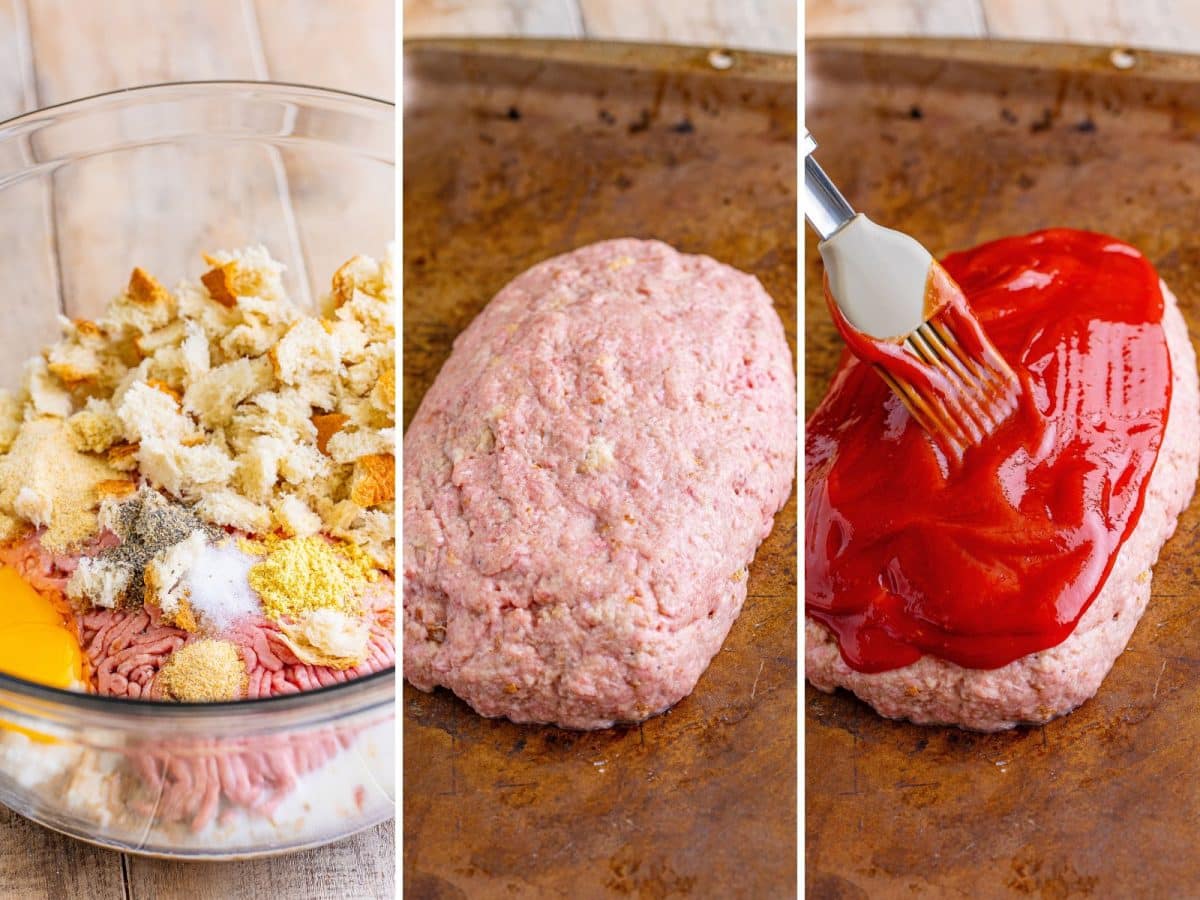 A bowl with the ingredients needed to make Meatloaf, a handmade raw Meatloaf on a baking sheet and ketchup being smeared on a raw meat loaf.