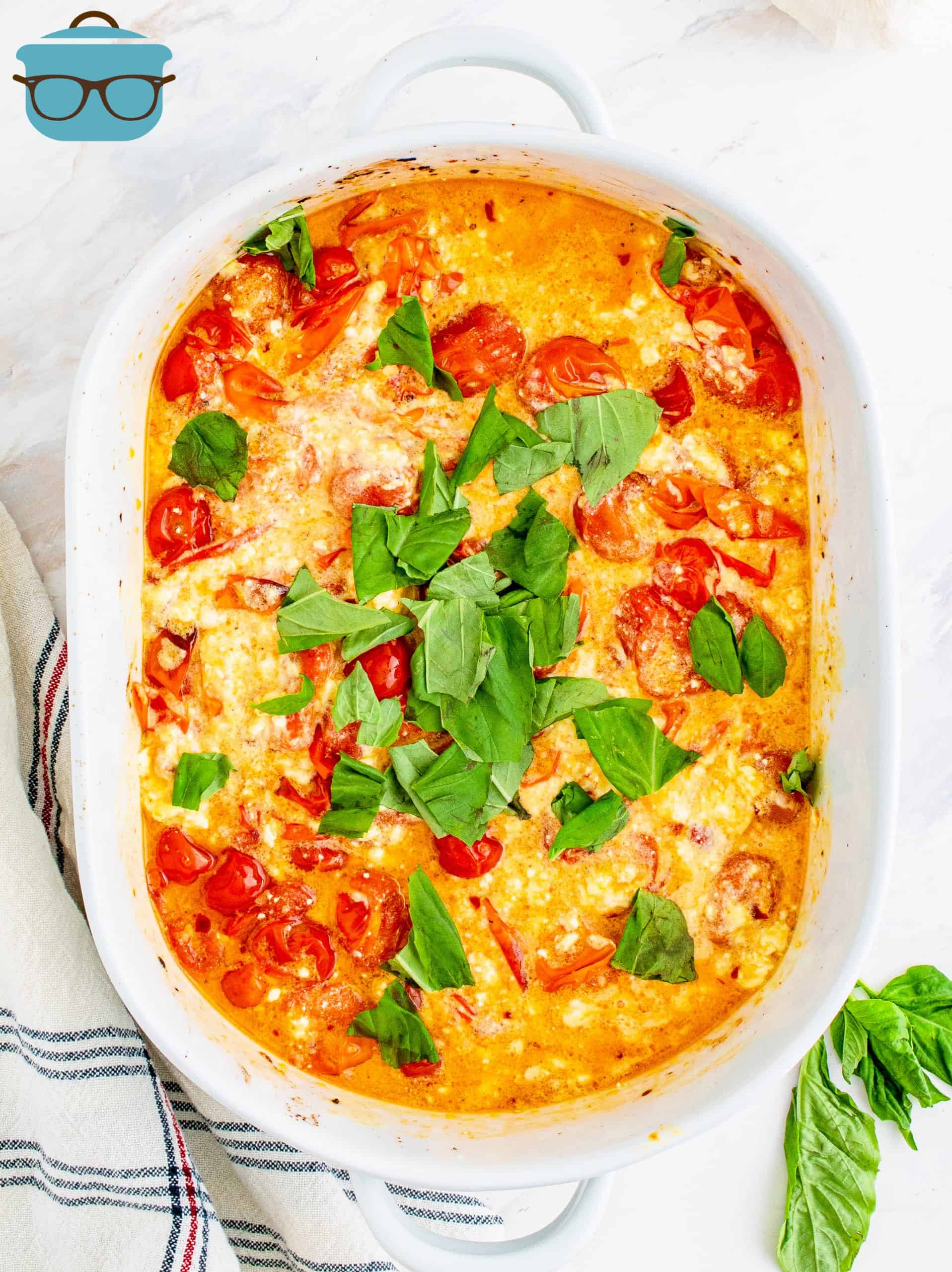 roasted tomatoes and feta cheese with fresh basil.