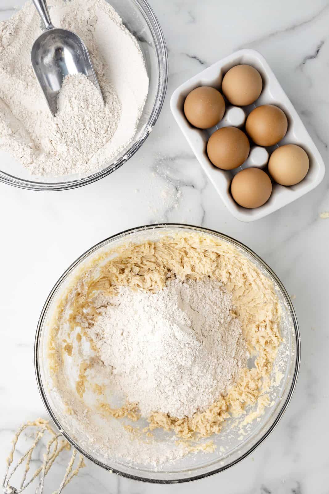 The mixing bowl with wet ingredients going to be mixed with dry ingredients.