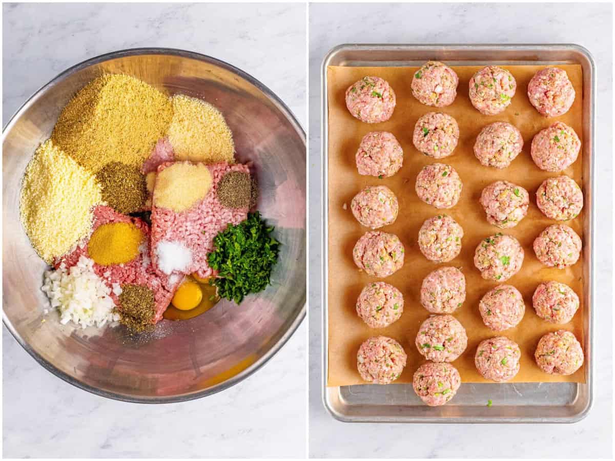 collage of two photos: ground beef and ground pork in a bowl with seasonings; raw meatballs on a baking sheet. 