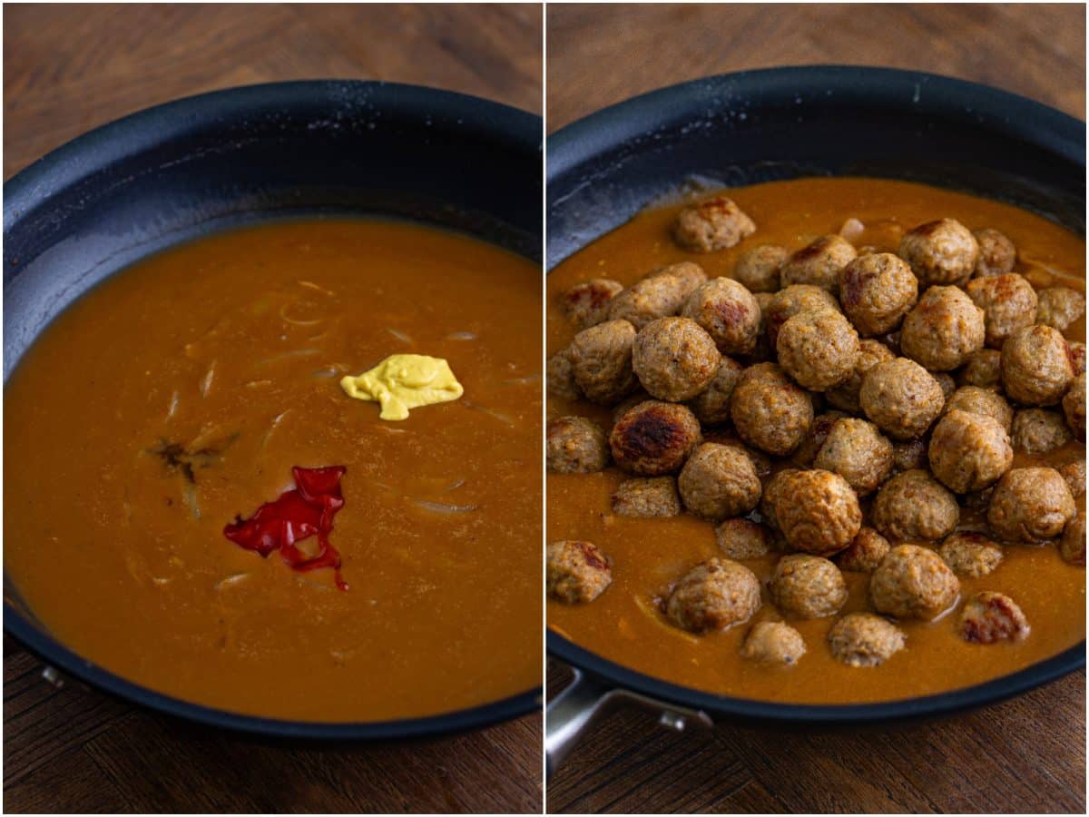 collage of two photos: dijon mustard, ketchup and Worcestershire sauce added to skillet; cooked meatballs added to gravy in skillet. 