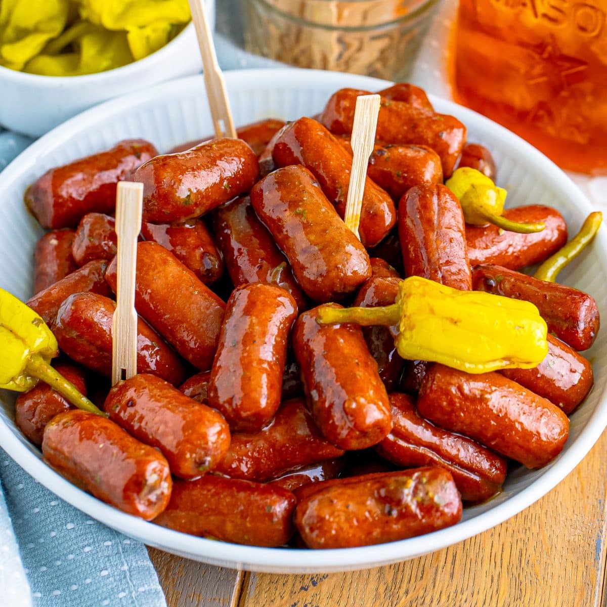 Looking down on a bowl of Crock Pot Mississippi Lit'l Smokies.