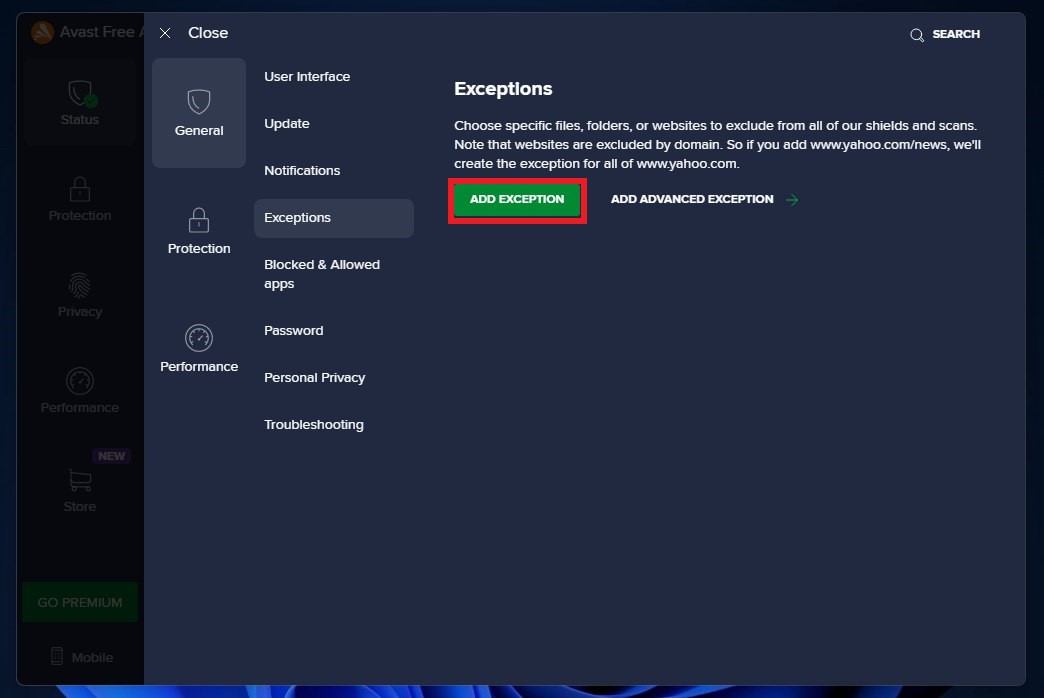 Add Exception Button on Avast Antivirus