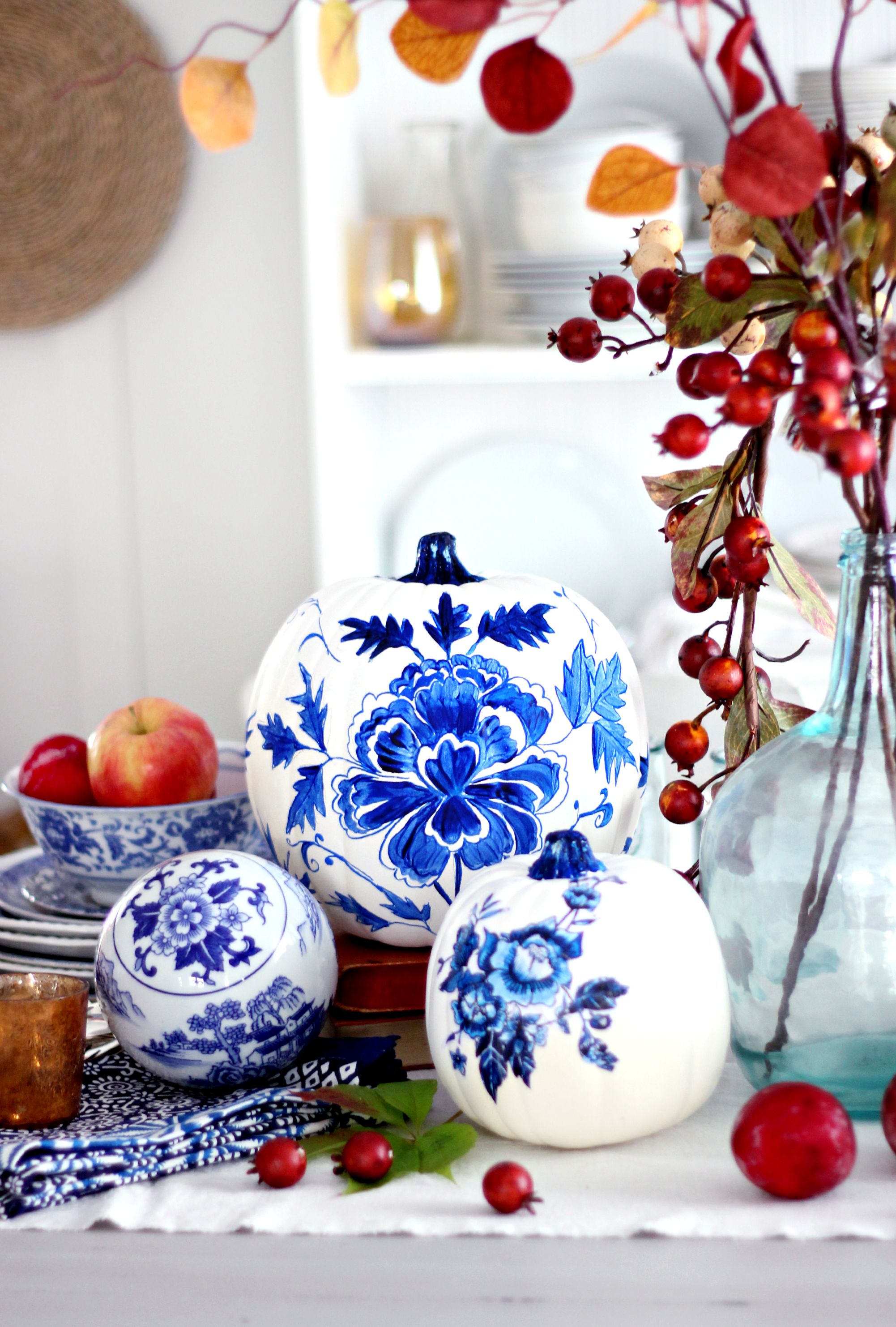 blue and white porcelain painted pumpkins