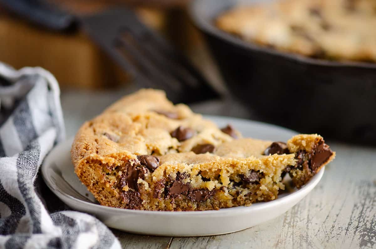 piece of chocolate cast iron skillet cookie on plate