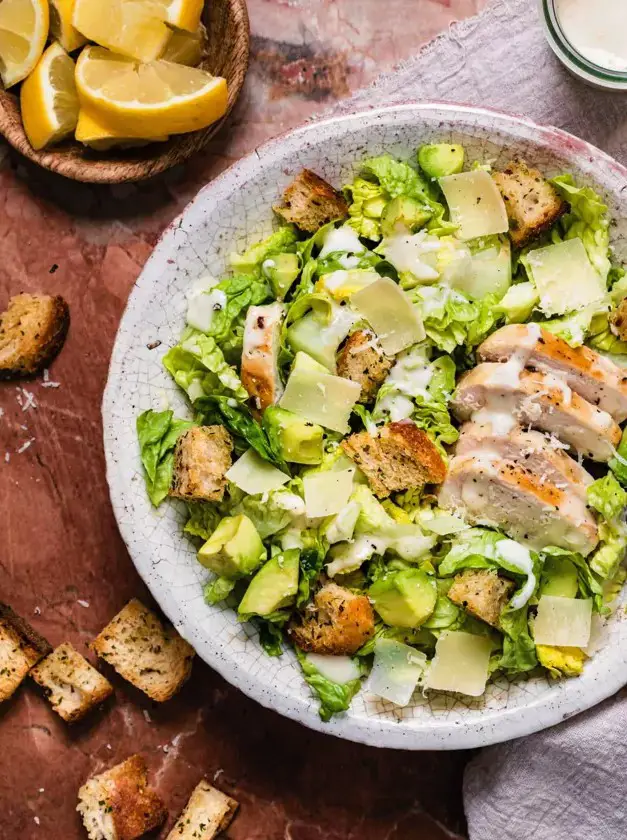 Healthy Chicken Caesar Salad With Tahini Caesar Dressing