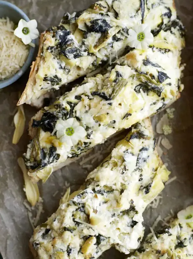 Homemade Garlic Bread with Spinach and Artichokes