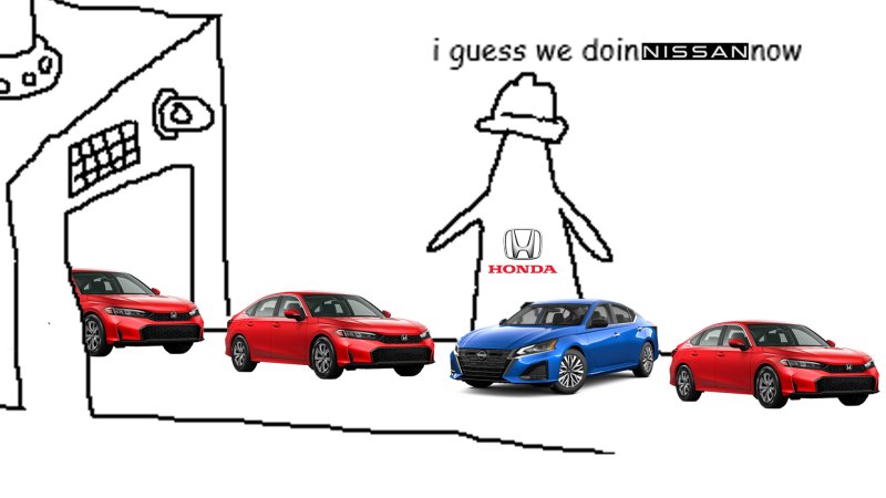 Triangle factory meme but make it Honda and Nissan.