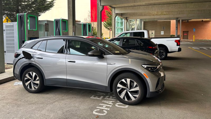 Three EV vehicles charging at Electricity America EV charging station in parking garage at a shopping mall, Boston, Massachusetts. (Photo by: Lindsey Nicholson/UCG/Universal Images Group via Getty Images)