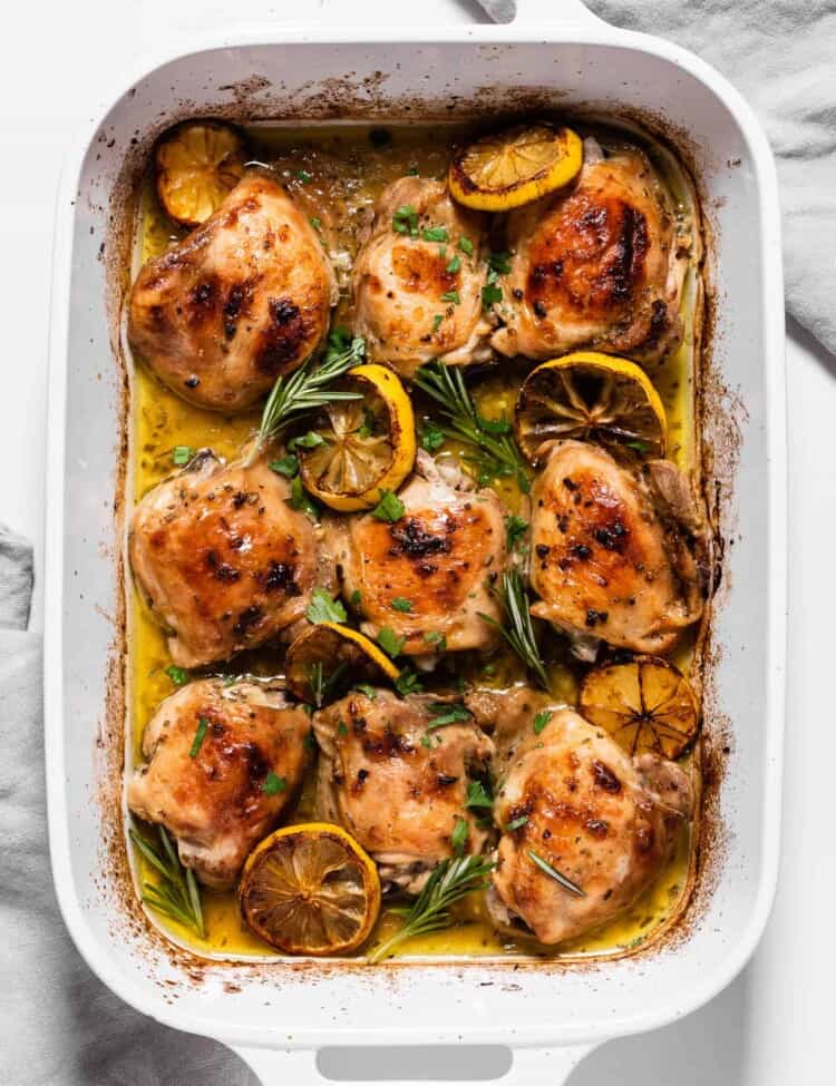 Lemon Rosemary Chicken in a white baking dish