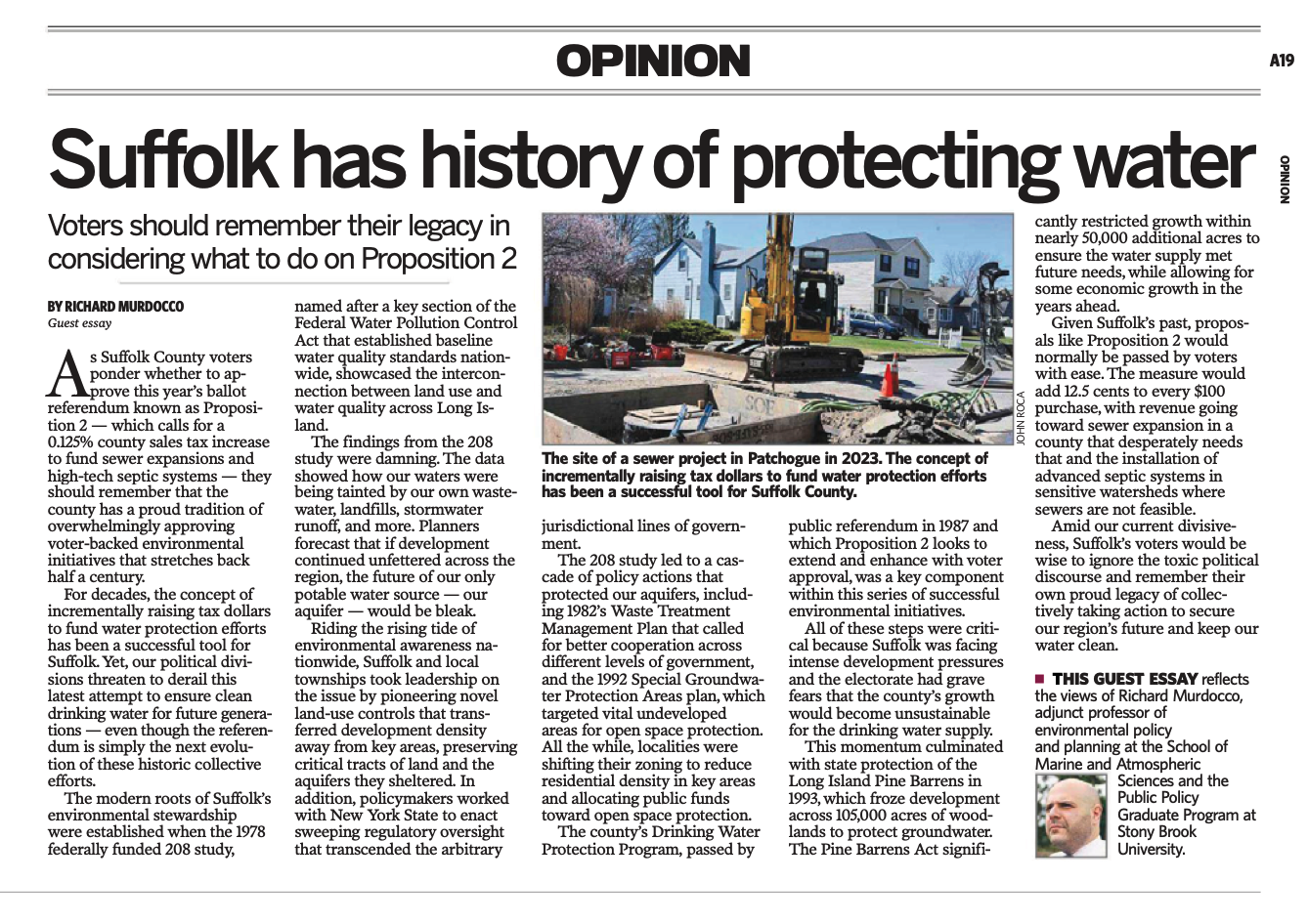 An image of an op-ed/guest essay written by Richard Murdocco that was published in Newsday on groundwater protection in Suffolk County