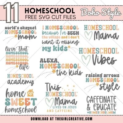 collage photo of 11 retro-boho style homeschool themed SVG files