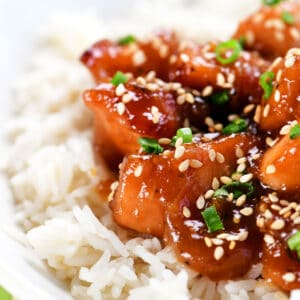 Slow cooker honey sesame chicken with white rice.