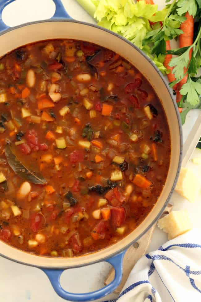 A large pot filled with chunky stew.