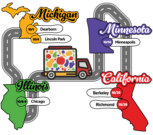 Map illustrating locations participating in the program. A truck travels across the different states.