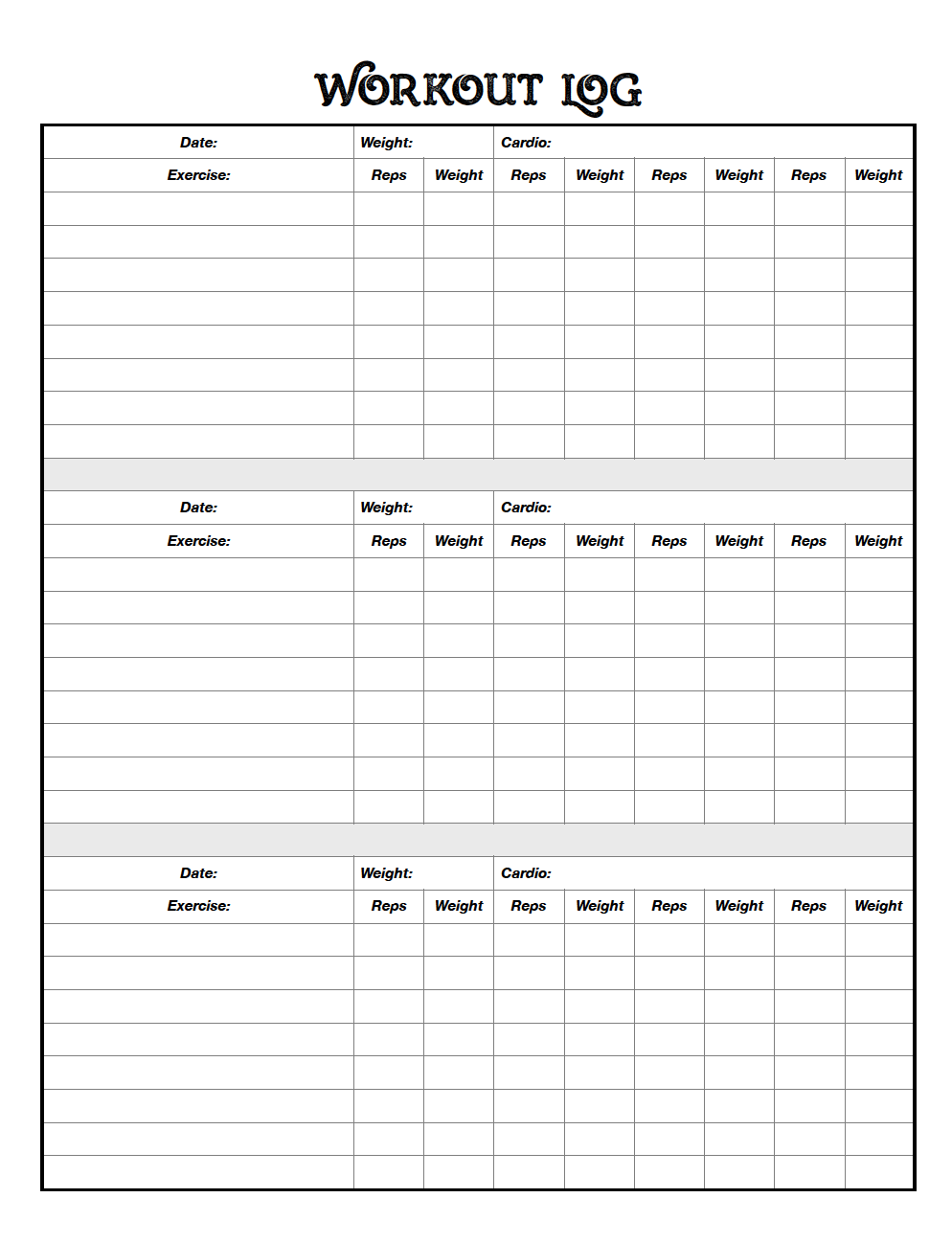 Printable Workout Log - Printable World Holiday