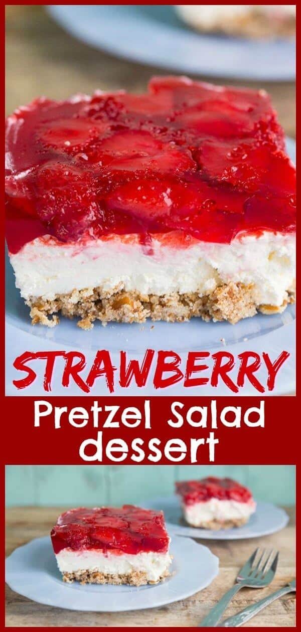 This strawberry pretzel salad (or strawberry pretzel dessert) is a retro party favourite! Make this for your next party, your guests will love it! #strawberry #jello #pretzel #dessert #picnic #treat #sweet #baking #recipe #BBQ 