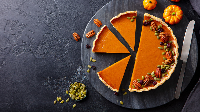 Pumpkin pie cut into slices