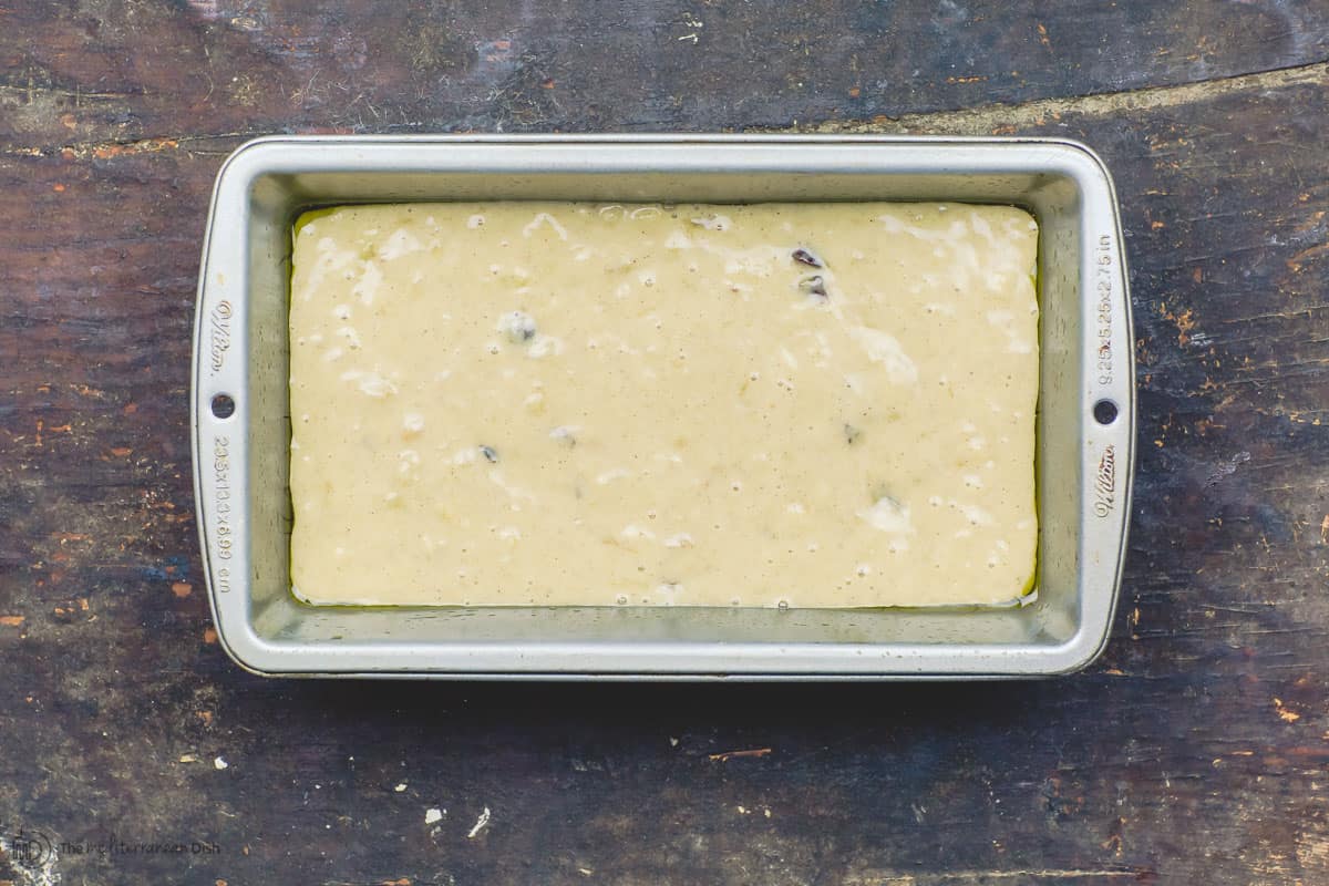 Banana walnut bread mix in baking pan