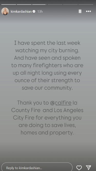 Kim Kardashian speaks out for firefighters amid LA wildfires