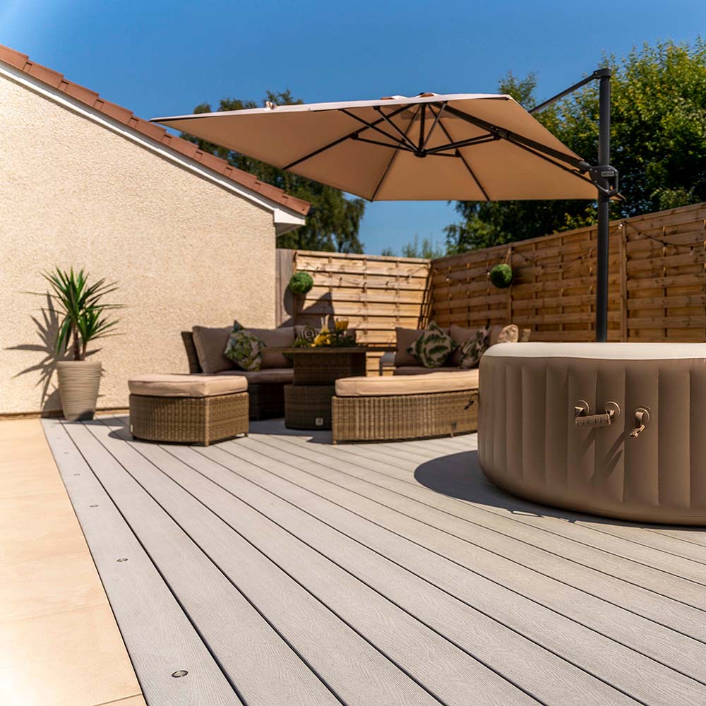 Ash White Composite decking with rattan Garden furniture