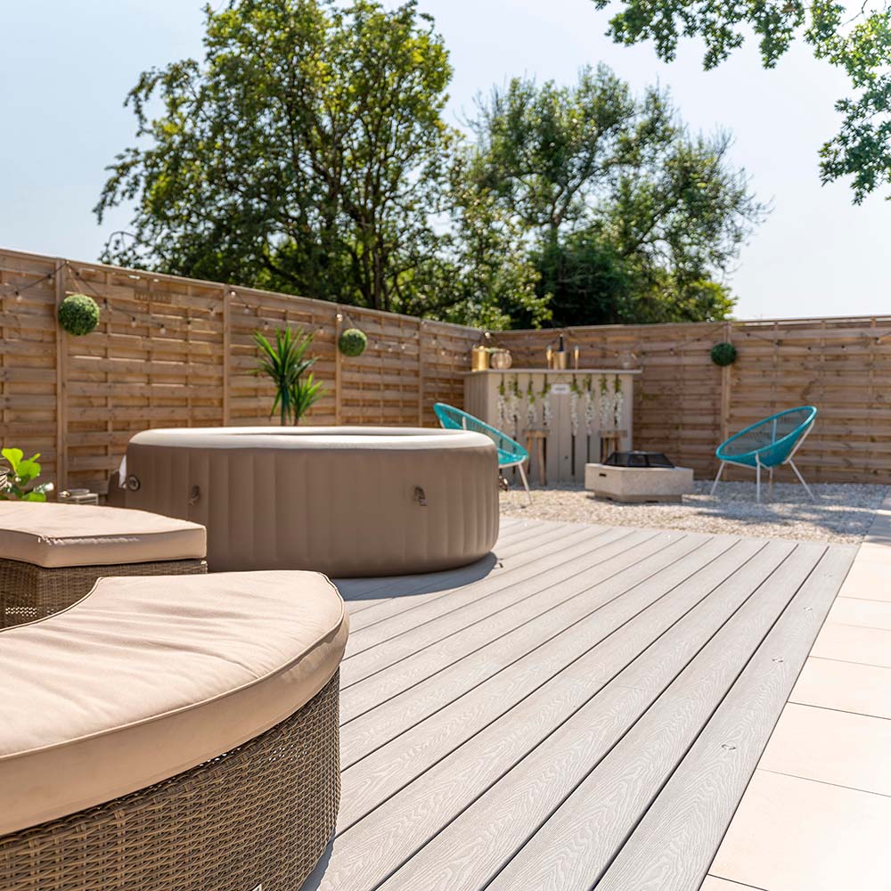 Ash White Composite decking with rattan Garden furniture