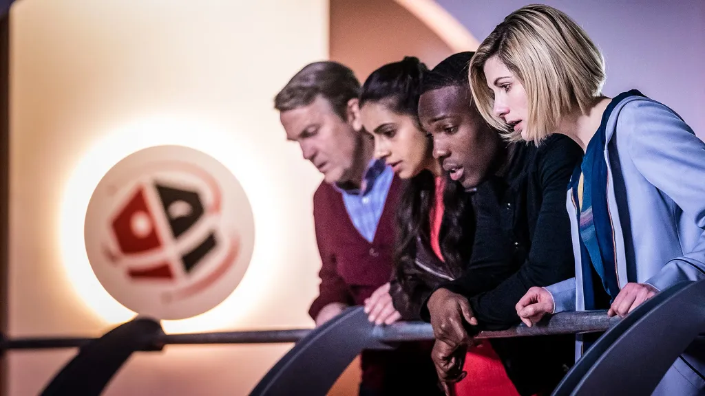 Bradley Walsh as Graham (L), Mandip Gill as Yaz, Tosin Cole as Ryan and Jodie Whittaker as the 13th Doctor. 