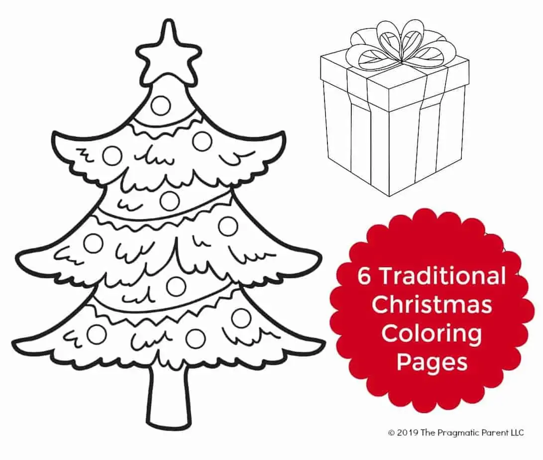 (Free PDF) 6 Traditional Christmas Coloring Pages for Kids including a Christmas Tree, Snow Glove, Gingerbread Man, Wreath, Santa's House, and Christmas Present.