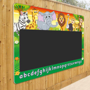 Colourful animal safari themed illustrations. Including animals with friendly faces. English alphabet A to Z to the bottom of black chalkboard that is within the central area of the sign.