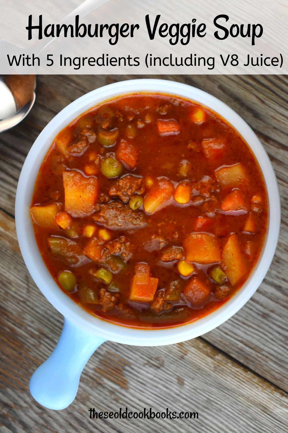 With 5 simple ingredients, you can have a warm, hearty, family-pleasing soup on the table.  Hamburger Vegetable Soup with V8 Juice is the perfect meal for hungry kids and adults. Using a bottle of V8 and a bag of frozen vegetables makes this meal totally doable for a busy weeknight.