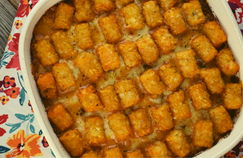 Frisco Tater Tot Casserole is an updated version of the classic recipe. Our tater tot casserole without soup has all the flavors of a Frisco Melt.  It's sweet, cheesy flavor will have your kids begging for more.