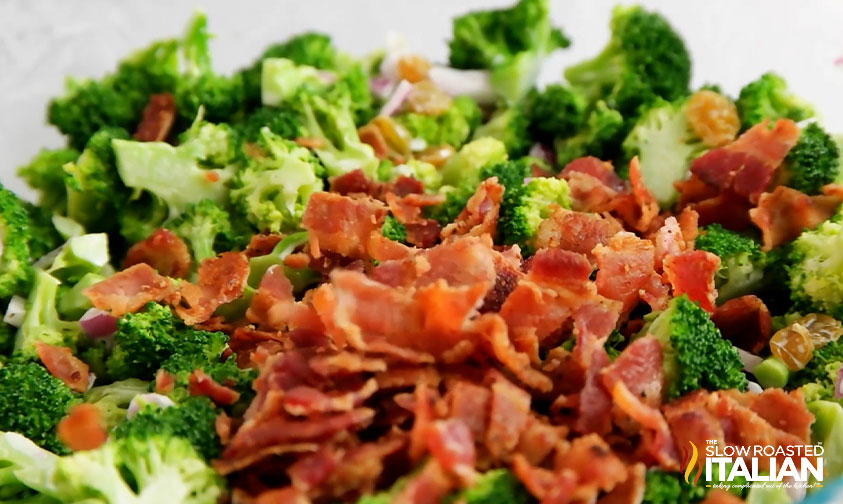 adding bacon to broccoli salad