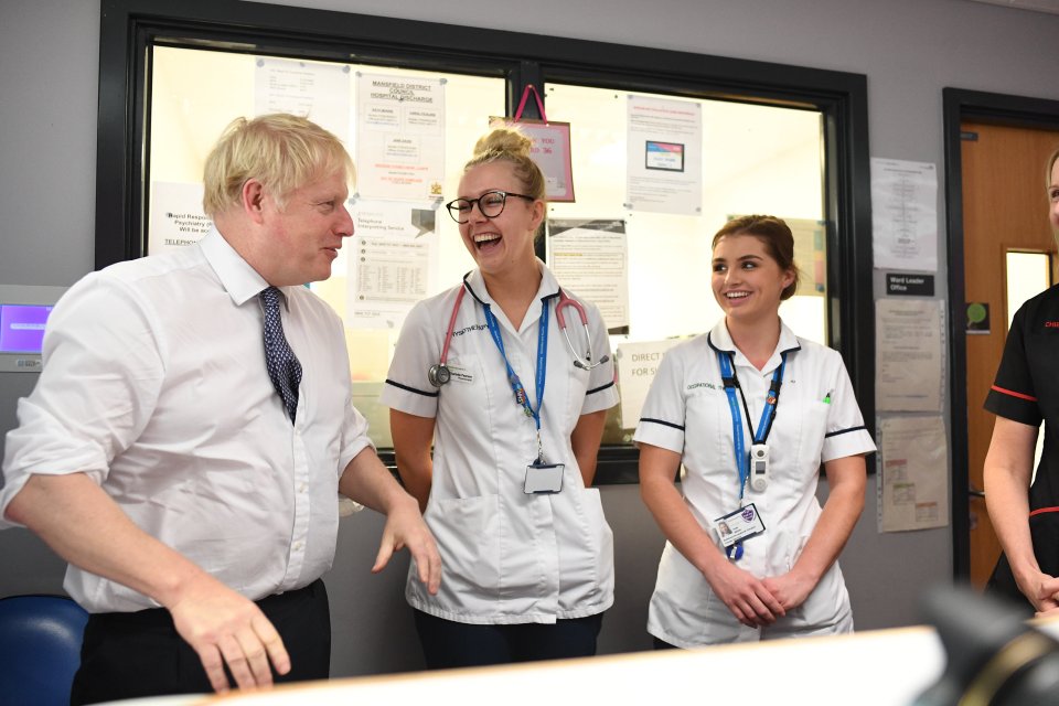  Boris Johnson has a laugh with nurses at King's Mill Hospital, Sutton-in-Ashfield