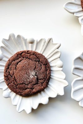 chocolate sugar cookie on snowflake plate