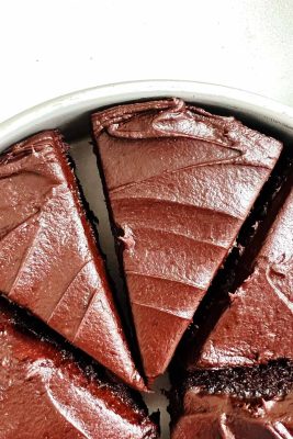 chocolate cake cut into slices, in round pan