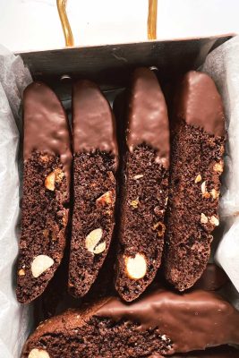 chocolate dipped biscotti in a box