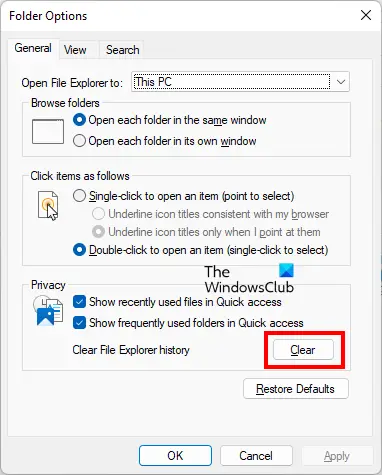 Clear File Explorer history