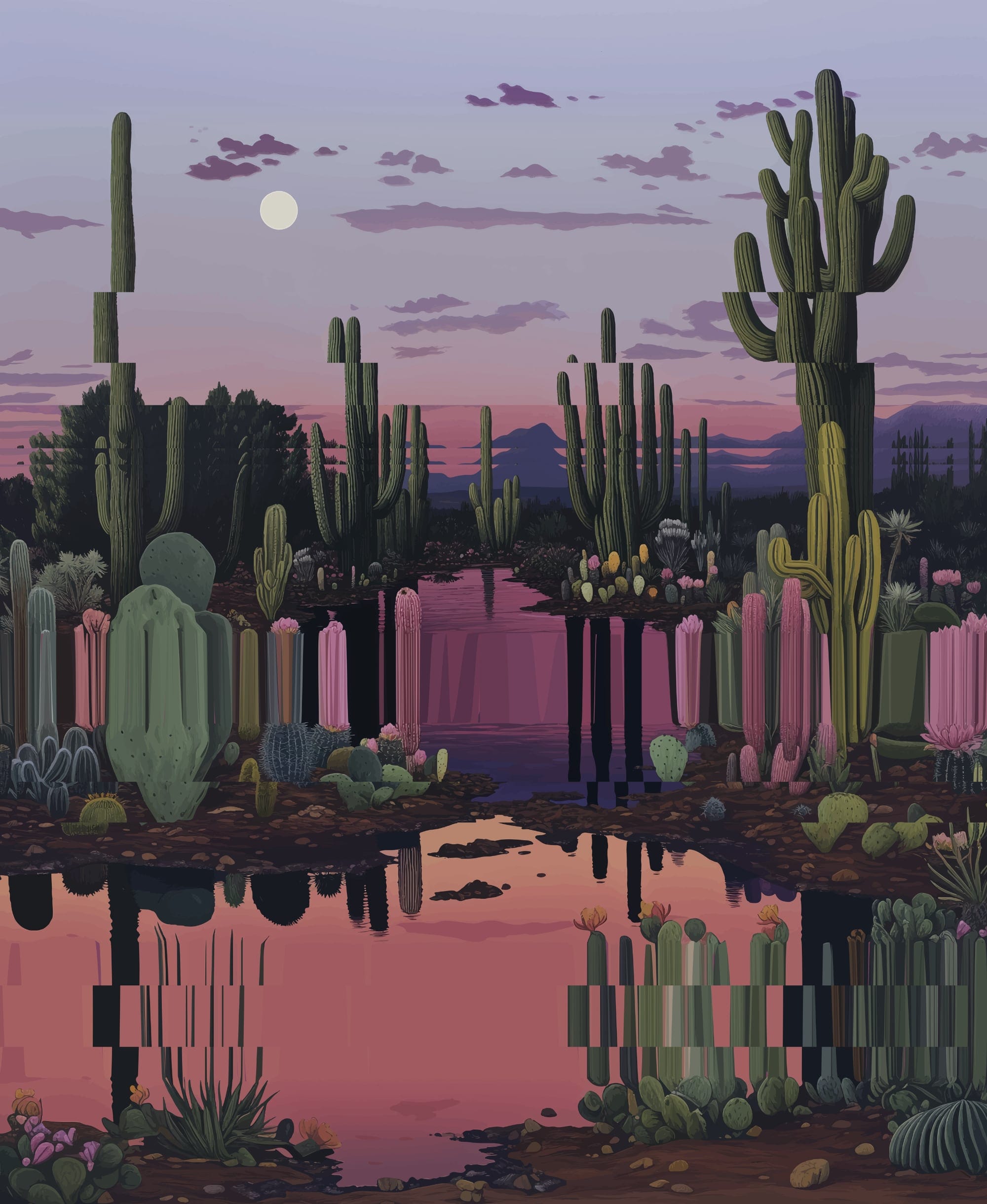 a vibrant desert landscape that stretches into digital glitches