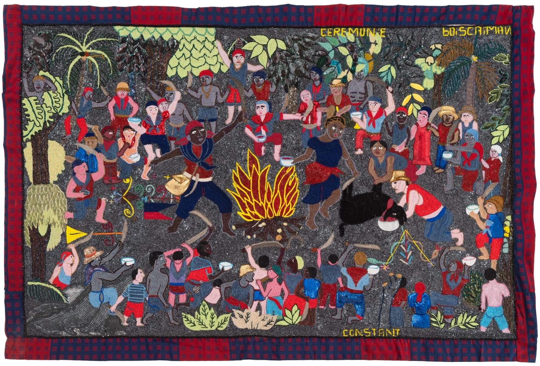 a bead-and sequin-embellished fabric artwork of a lively scene of numerous people dancing and gathering around a fire in a "Caiman Wood Ceremony"