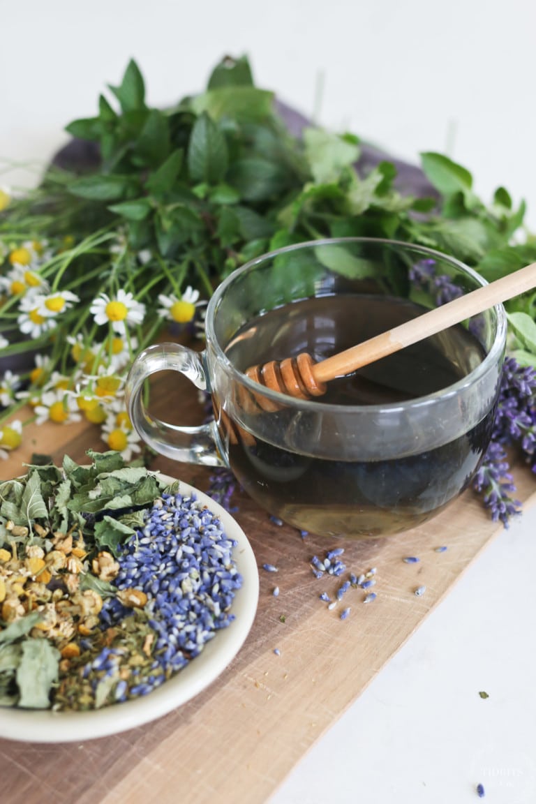 A cup of lavender tea sitting beside a mix of herbs