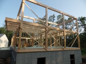 second floor framework on post and beam home, post and beam homes, under construction, Timberhaven Log Homes, log home, log cabin, log cabins, laminated, kiln dried 