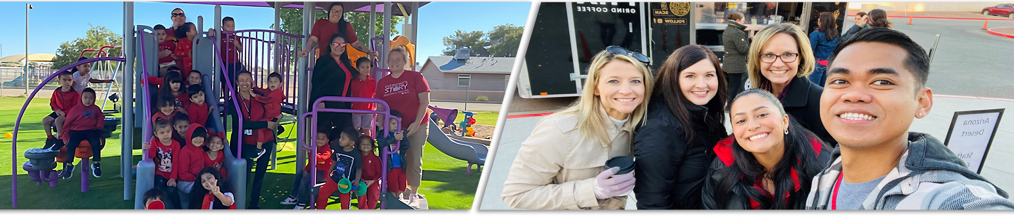 Preschool teachers group photo, and a group of teachers with coffee outside a coffee truck