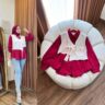 Baju Atasan Wanita Merah Putih Rompi Lengan Panjang Modis