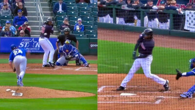 Two photos of Josh Bell hitting a home run