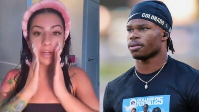 Leanna Lenee touching her face (left) and Travis Hunter wearing College Football 25 T-shirt (right)