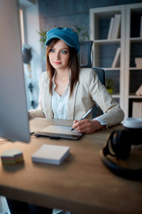 Young woman graphic designer working at desk with digital tablet and stylus in a well-lit home office, wearing a blue beret and white blazer.