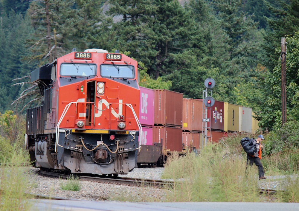 CN intermodal train stopped in mountain setting